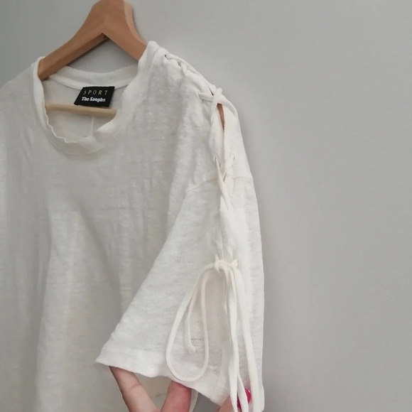 The Kooples Sport Linen Short Sleeve T-Shirt Lace Up Sleeve Off White 2 Medium - Picture 6 of 15